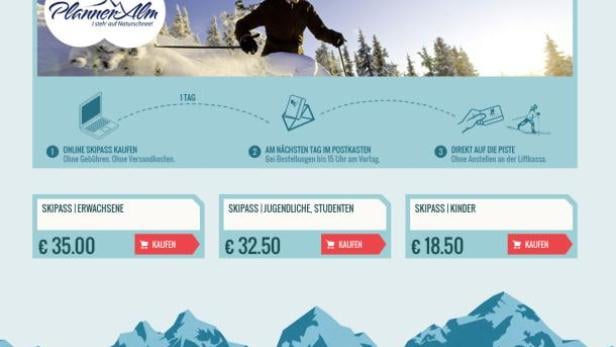 Webseite des Planneralm Online Shops für Skipässe.