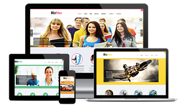 Verschiedene Geräte zeigen die Website „BizNez“.