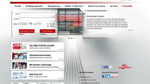 Die Webseite der Österreichischen Bundesbahnen (ÖBB) mit Suchfunktion für Zugverbindungen.