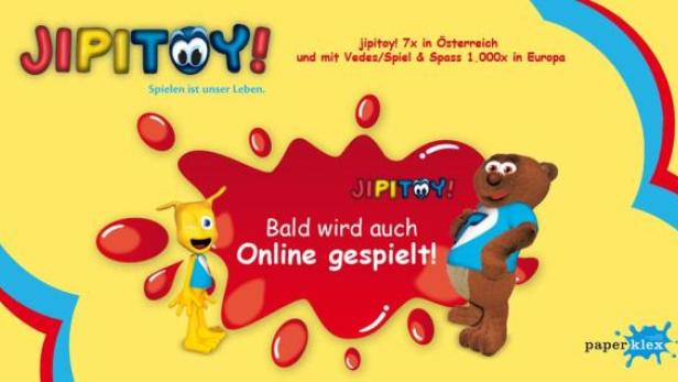 Ein gelber und ein brauner Charakter von JIPITOY werben für Online-Spiele.