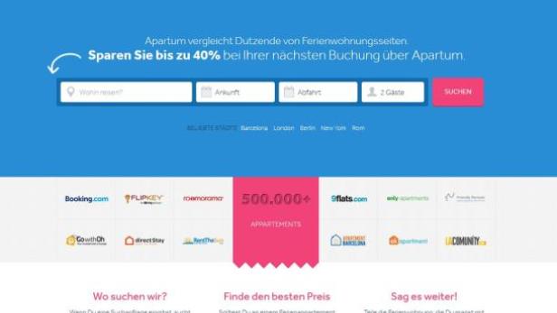 Die Startseite von Apartum, einer Webseite zum Vergleichen von Ferienwohnungen.