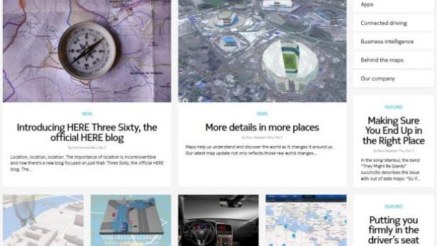 Die Webseite „Three Sixty“ von HERE mit Artikeln über Navigation und Karten.