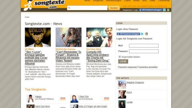 Die Startseite von Songtexte.com mit News, Songtexten, Charts und Künstlerinformationen.