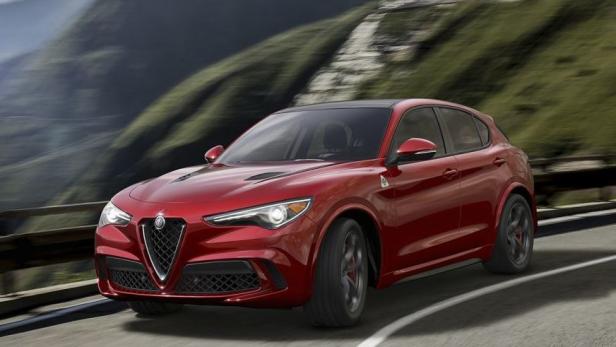 Ein roter Alfa Romeo Stelvio fährt auf einer kurvenreichen Straße.