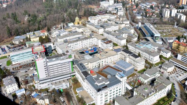 Luftaufnahme des Universitätsklinikums Graz mit umliegender Bebauung.