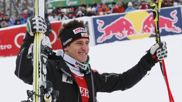 Second placed Matthias Mayer of Austria gestures after competing in the men&#039;s Super-G event of the Alpine Skiing World Cup downhill ski race in Kitzbuehel January 25, 2013. REUTERS/Leonhard Foeger (AUSTRIA - Tags: SPORT SKIING)