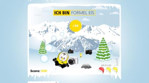 NikonTheGentlemenCreatives_Game.jpg Ein Nikon-Spiel mit dem Titel „Ich bin Formel Eis“ vor einer Winterlandschaft.