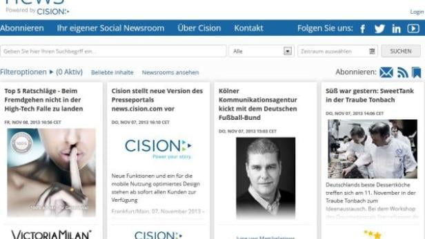 Screenshot der Cision News-Webseite mit verschiedenen Artikeln.