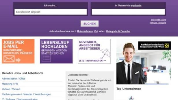 Die Webseite Monster.at, eine Jobbörse, mit Suchfeldern und Werbung.