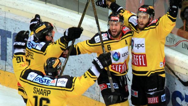 Eishockeyspieler in gelb-schwarzen Trikots feiern ein Tor.