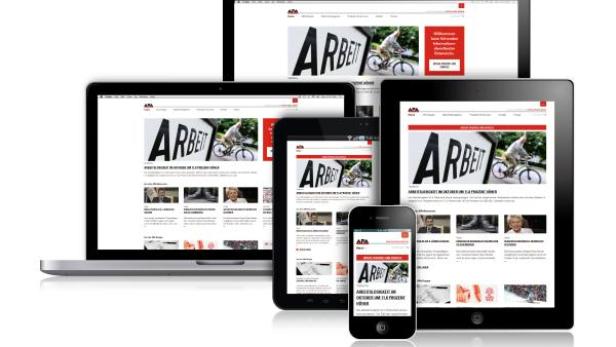 Verschiedene elektronische Geräte zeigen die Website der APA mit dem Thema „Arbeit“.