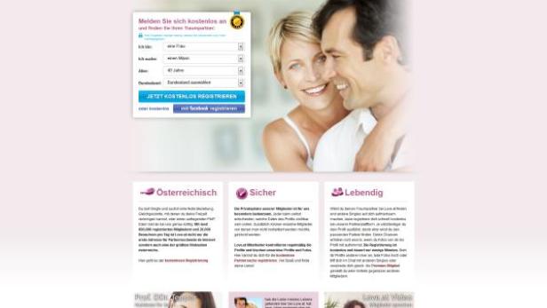 Screenshot der Dating-Website Love.at mit Anmeldeformular und lächelndem Paar.