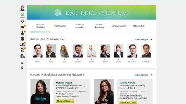 Ein Screenshot der XING-Webseite mit Fokus auf Premium-Funktionen und Kontakt-Neuigkeiten.