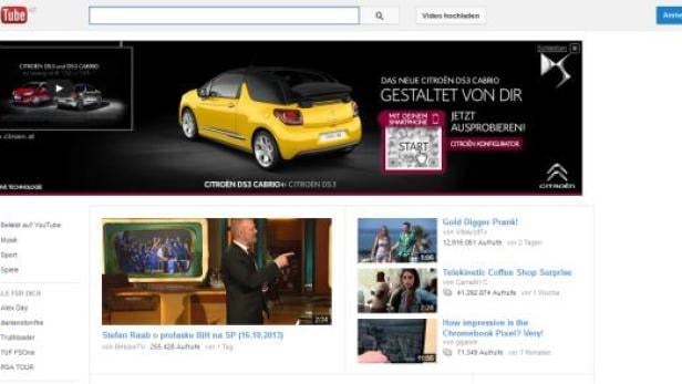 Ein Screenshot der YouTube-Startseite mit Werbung für den Citroën DS3 Cabrio.