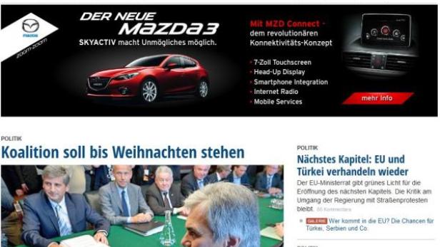 Die Startseite der Online-Zeitung DiePresse.com mit Artikeln über Politik und einer Mazda-Werbung.