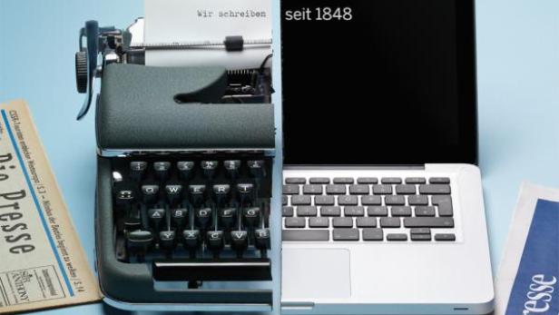 Eine Schreibmaschine und ein Laptop, die Hälfte-Hälfte angeordnet sind, werben für „Die Presse“ seit 1848.