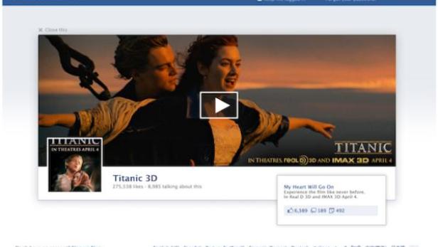 Ein Facebook-Screenshot, der für den 3D-Film „Titanic“ wirbt.