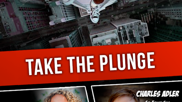 Eine Person steht auf dem Dach eines Wolkenkratzers, der Slogan lautet „Take the Plunge“.
