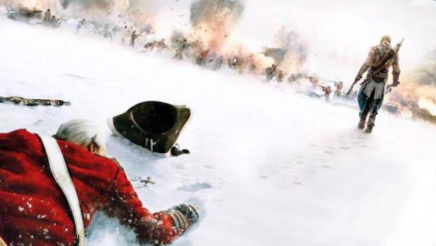 Eine Schlacht im Schnee mit einem sterbenden Soldaten im Vordergrund und einem Assassinen im Hintergrund.