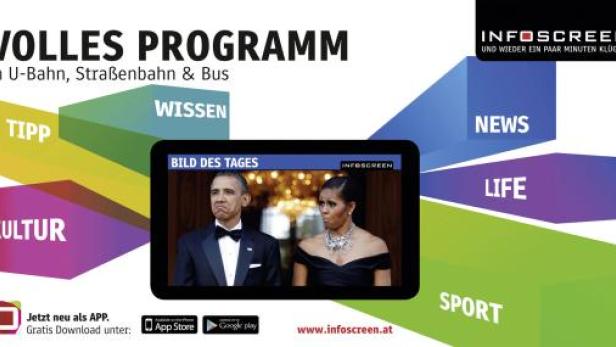 Ein Infoscreen-Werbeplakat mit einem Bild von Barack und Michelle Obama.