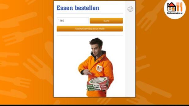 Ein Mann in oranger Jacke präsentiert Pizza vor einer App zum Essen bestellen.