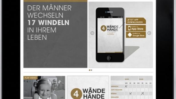 Ein iPad zeigt eine Webseite der Kampagne „4 Wände 4 Hände“ zum Thema Gleichberechtigung im Haushalt.