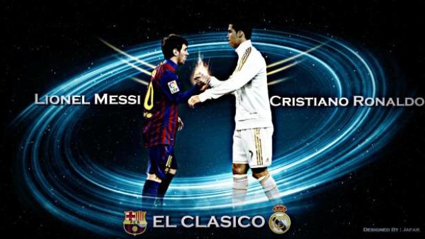 Lionel Messi und Cristiano Ronaldo geben sich die Hand vor dem Hintergrund von „El Clásico“.