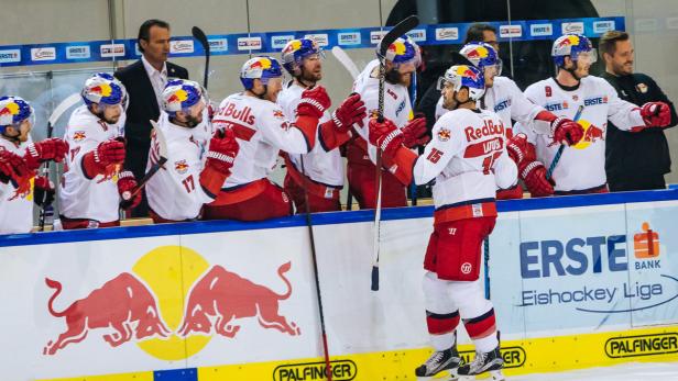 Eishockeyspieler der Red Bulls feiern auf der Bank.