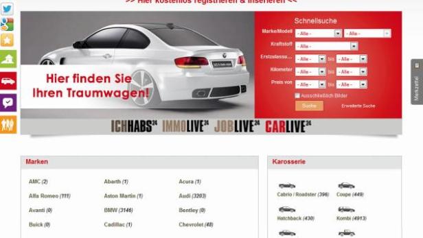 Die Webseite CarLive24 mit Suchfunktionen für Autos.