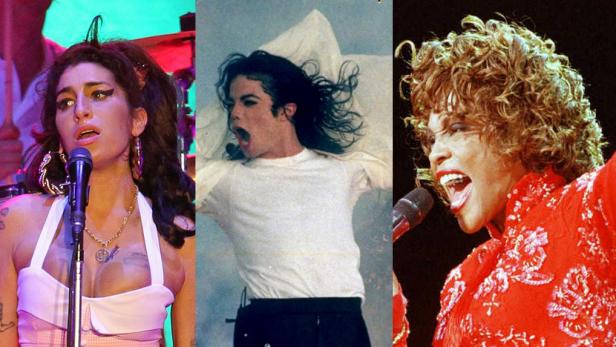 Ein Triptychon mit Amy Winehouse, Michael Jackson und Whitney Houston, die singen.