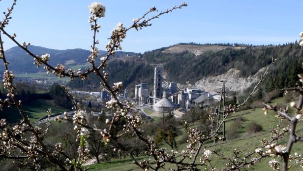 Eine Zementfabrik liegt in einer hügeligen Landschaft, gesehen durch blühende Zweige.