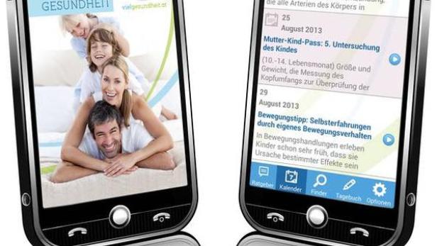 Zwei Smartphones zeigen eine App für Familiengesundheit mit Informationen zu Kawasaki-Syndrom und Mutter-Kind-Pass.