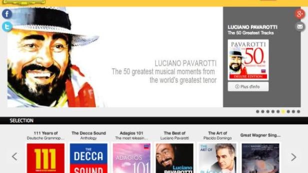 Webseite mit Werbung für Luciano Pavarotti und seine Musik.