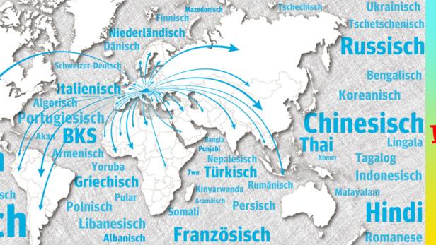 Eine Weltkarte mit dem Schriftzug „SAG'S multi!“ und verschiedenen Sprachen.