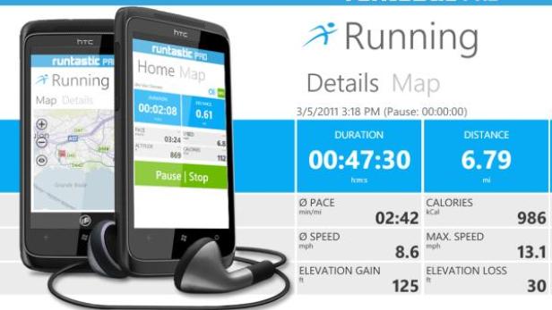 Zwei Smartphones mit der Runtastic Pro App und Kopfhörern werden gezeigt.