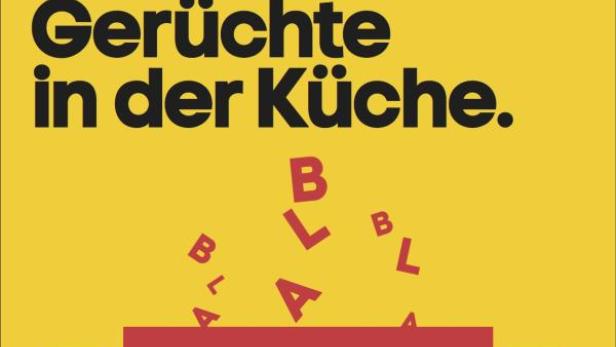 Ein Werbeplakat für Qualitätsjournalismus mit dem Slogan „Echter Journalismus lässt Gerüchte in der Küche.“