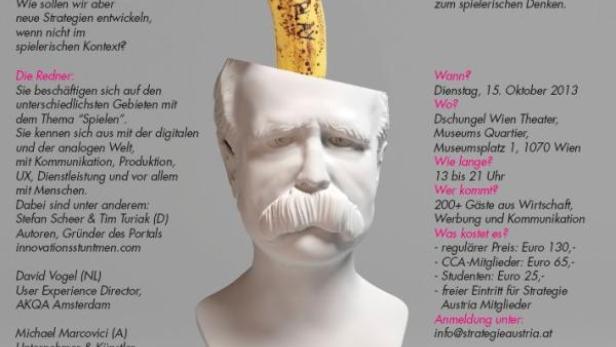 Eine Banane steckt in einem Büstenkopf aus Gips, Werbung für „Think, Play! Strategie Austria“.