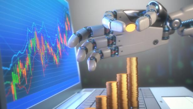 3D image concept of software (Robot Trading System) used in the stock market that automatically submits trades to an exchange without any human interventions. A robot hand counting money in graph form on the rise. Depth of field with focus on the gold coin on the fingers. Urheberrecht:sitox Stock-Fotografie-ID:173839728