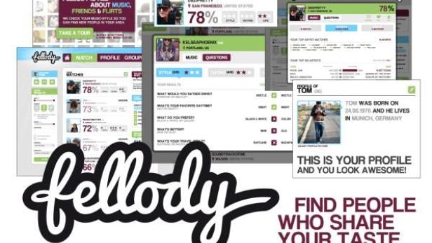 Screenshots der Fellody-App, einer Plattform zum Finden von Menschen mit ähnlichem Musikgeschmack.