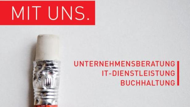 Ein beschädigter Bleistift neben dem Slogan „Einfach. Leichter. Mit uns.“ und dem Angebot von Unternehmensberatung.