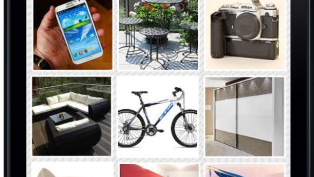Ein Smartphone zeigt die Willhaben-App mit verschiedenen Produktanzeigen.