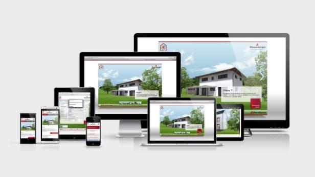 Verschiedene Geräte zeigen die Website eines Hausbauunternehmens.