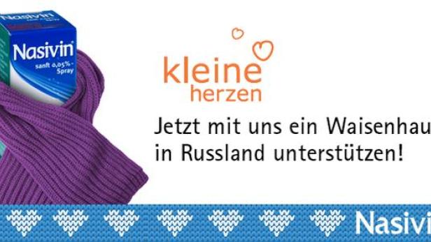 Eine Packung Nasivin-Nasenspray mit einem lila Schal, umrahmt von der Aufforderung, ein Waisenhaus in Russland zu unterstützen.