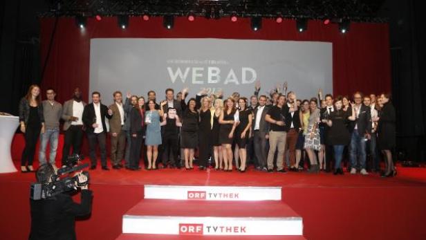Eine Gruppe von Menschen posiert auf einer Bühne bei der WebAd 2013 Preisverleihung.