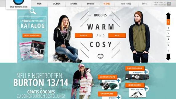 Die Webseite von Blue Tomato präsentiert Wintermode und Snowboardausrüstung.