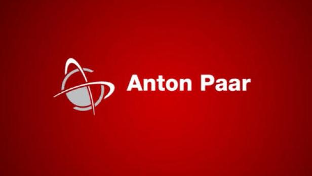 Das Logo von Anton Paar auf rotem Hintergrund.