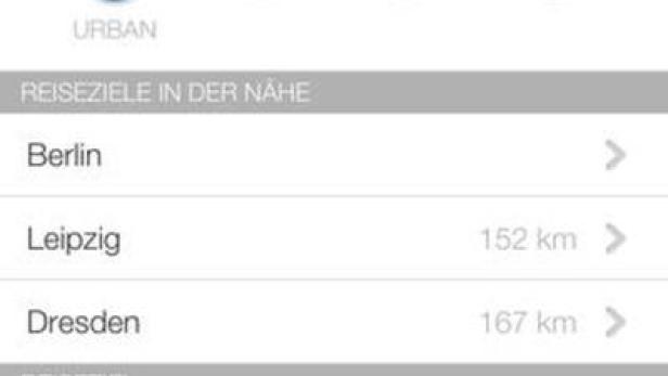 Ein Screenshot der „Reiseziel“-App auf einem iPhone, mit Suchleiste und einer Liste deutscher Städte.