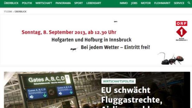 Die Titelseite der Tiroler Tageszeitung Online mit Artikeln über Fluggastrechte und Veranstaltungen in Innsbruck.