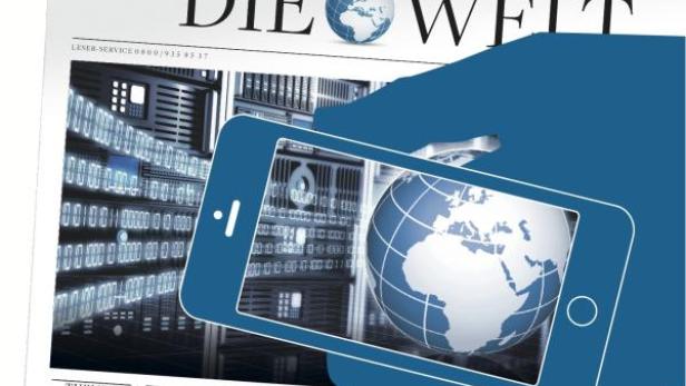 Ein Smartphone zeigt eine Weltkugel vor dem Hintergrund der Zeitung „Die Welt“.