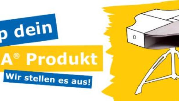 Ein Werbebild für „Pimp dein IKEA Produkt“ mit einer Illustration eines IKEA-Hocker-Entwurfs.